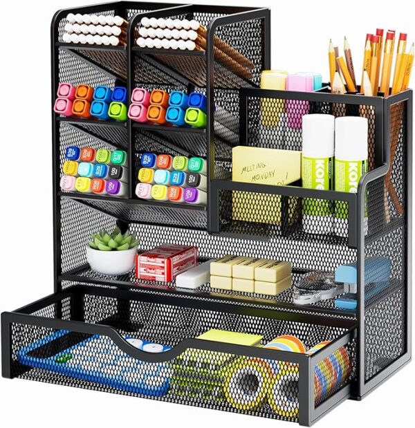 Marbrasse Mesh Pen Holder for Desk, Desk Organizer with Drawer